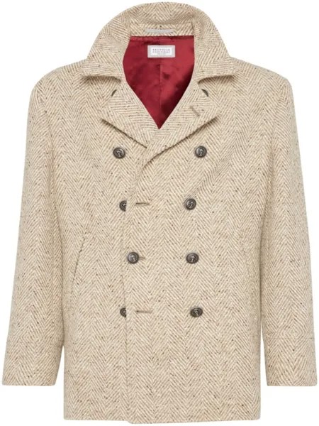 Brunello Cucinelli шерстяной бушлат с узором в елочку, нейтральный цвет