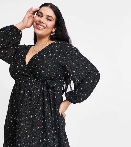 Черное присборенное платье мини в стиле oversized с запахом в мелкий цветочек ASOS DESIGN Curve-Черный цвет