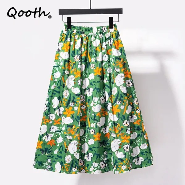 Qooth Весна Лето Женщины Цветочный принт Юбка Полиэстер Высокая талия Повседневная юбка средней длины QT1559
