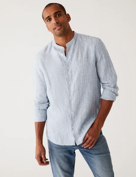 Рубашка в полоску из чистого льна с дедушкиным воротником Marks & Spencer, синий микс