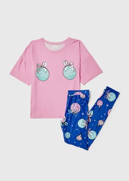 Розово-синий пижамный комплект с рождественскими игрушками Papaya, мультиколор