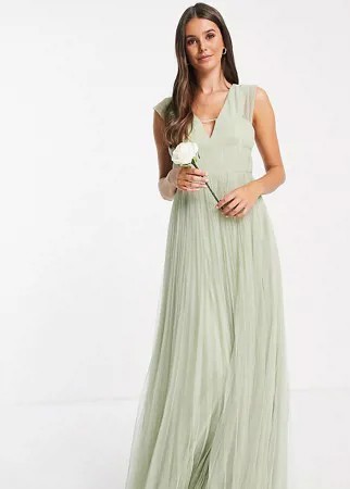 Шалфейно-зеленое платье макси из тюля с глубоким вырезом и присборенными рукавами ASOS DESIGN Tall-Зеленый цвет
