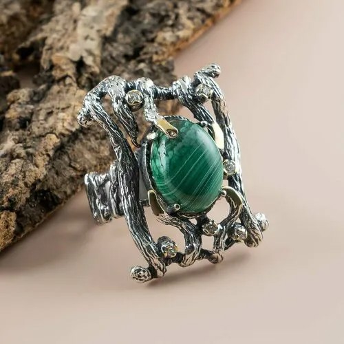 Кольцо Milana Silver, серебро, 925 проба, малахит, размер 18, зеленый