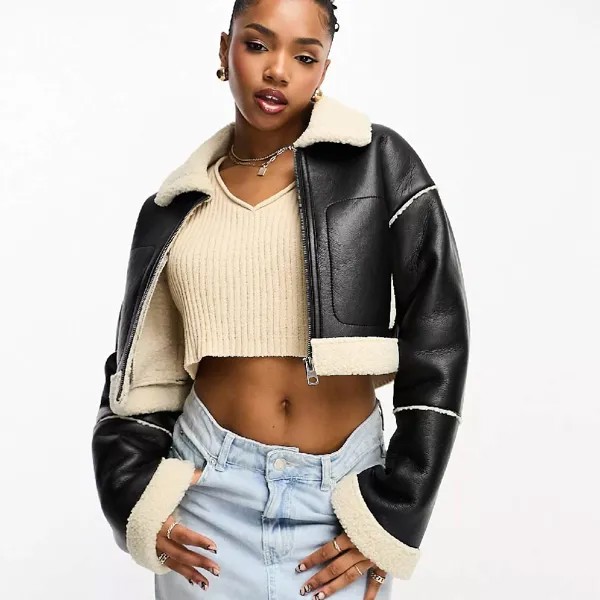 Куртка Pull&Bear Faux Leather Cropped Shearling Detail, черный