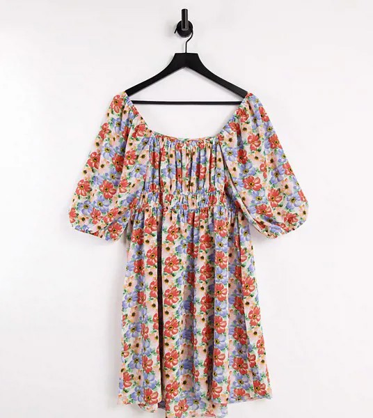 Платье-мини с расклешенной юбкой, присборенным лифом, пышными рукавами и крупным цветочным принтом ASOS DESIGN Maternity-Multi
