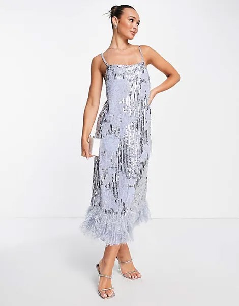 Фиолетовое платье миди с пайетками и бисером ASOS EDITION по краю из искусственных перьев