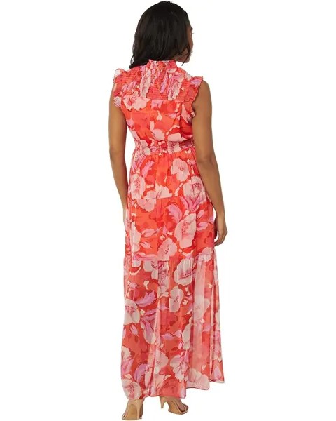 Платье Vince Camuto Floral Chiffon Maxi Dress with Smocking Detail, цвет Hot Coral