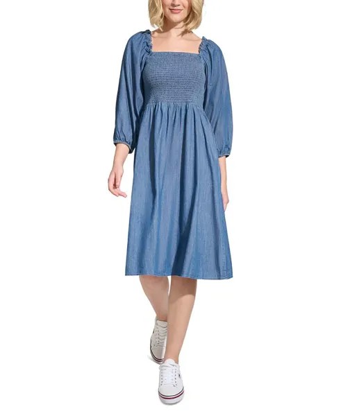 Женское платье миди из шамбре со сборками Tommy Hilfiger, синий