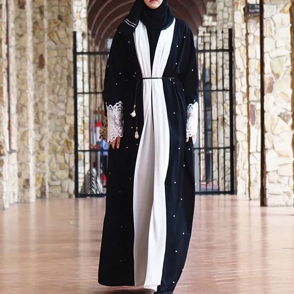 Мусульманские турецкие Аравийский Саудовская черная накидка, кружевное пальто с бисером женские Исламская ИД халат кардиган Дубай молитве...