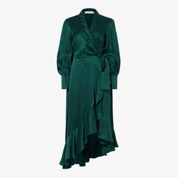 Шелковое платье миди с глубоким вырезом и запахом Zimmermann, цвет jade