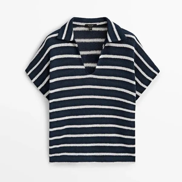 Поло Massimo Dutti Textured Striped Cotton Blend, темно-синий