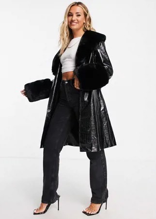 Черное пальто миди с завязкой на талии и отделкой искусственным мехом Jayley-Черный цвет