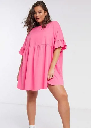 Ярко-розовое платье в стиле oversized с оборками ASOS DESIGN Curve-Розовый
