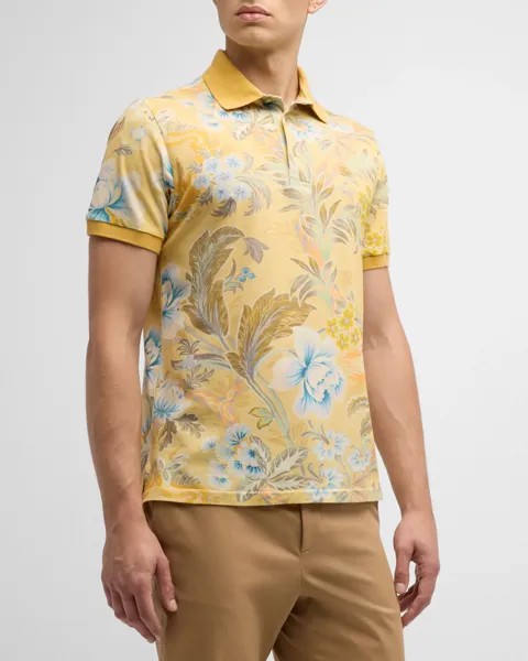 Мужская рубашка-поло с цветочным принтом Etro, цвет Print On Yellow Base