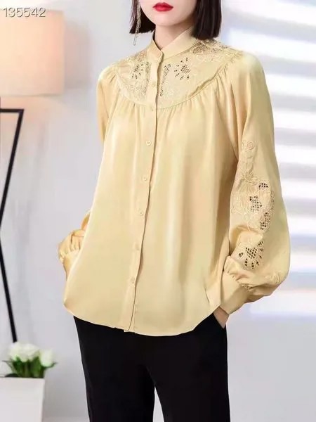 Женская ажурная блузка с вышивкой, Элегантная блузка абрикосового и зеленого цветов с длинным рукавом, весна-лето 2022
