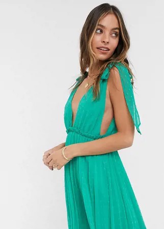 Изумрудно-зеленое платье мини с завязками на плечах ASOS DESIGN Petite-Зеленый цвет