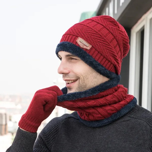 Мужская вязаная шерстяная шапка шарф перчатки комплект из трех частей