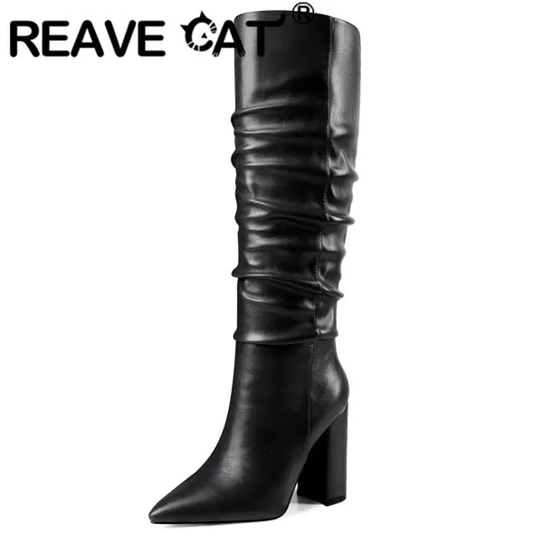 Женские ботинки без шнуровки REAVE CAT, однотонные плиссированные полусапожки с острым носком на массивном каблуке 37 см, яркие теплые меховые сапоги 34-43, S4076