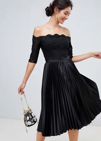 Черное платье миди с кружевным верхом и плиссированной юбкой Chi Chi London-Черный