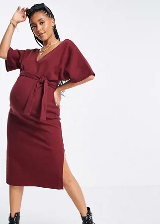 Темно-красное платье-джемпер миди из очень мягкого материала с V-образным вырезом и поясом ASOS DESIGN Maternity-Красный