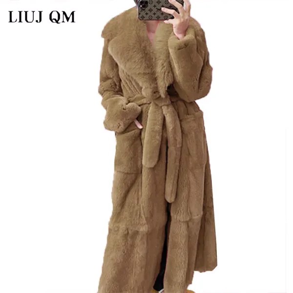 Женское зимнее пальто, Толстая теплая длинная куртка из искусственного меха, женское высококачественное пушистое пальто из кроличьего мех...