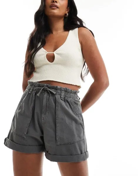 Серые хлопковые шорты с талией Pull&Bear