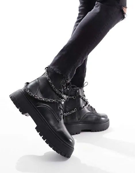 Черные ботинки на шнуровке из искусственной кожи с массивной подошвой и заклепками ASOS