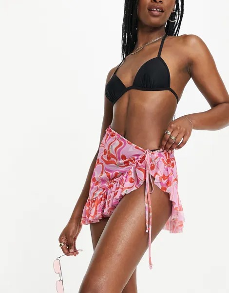 Пляжная юбка-саронг с сетчатыми оборками и цветочным принтом ASYOU