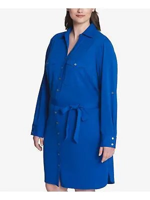 Женское синее платье-рубашка выше колена TOMMY HILFIGER с поясом и манжетами плюс 22W