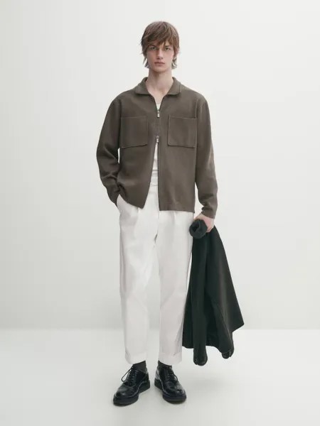 Вязаный кардиган с молнией и рубашечным воротником Massimo Dutti, охра