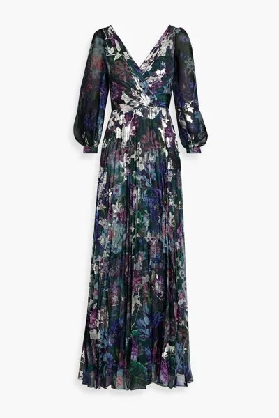Шифоновое платье с вырезами и металлизированным цветочным принтом MARCHESA NOTTE, изумрудный