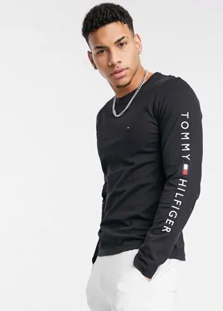 Черный лонгслив с логотипом на груди и рукавах Tommy Hilfiger-Черный цвет
