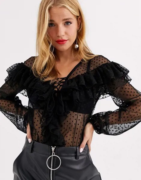 Боди из сетчатой ткани добби со шнуровкой ASOS DESIGN-Черный цвет