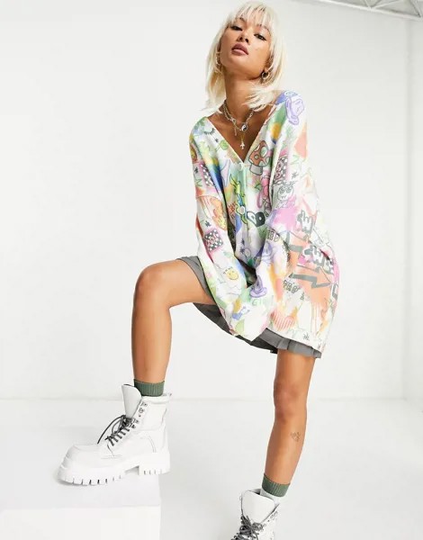 Oversized-кардиган с V-образным вырезом и принтом в стиле граффити ASOS DESIGN-Разноцветный