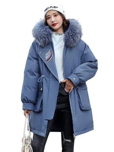 Milanoo Women Puffer Coats Blue Warmth Preservation Hooded Buttons Zipper Faux Fur Collar Long Sleev