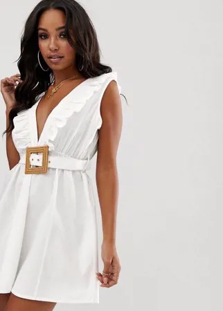 Пляжный сарафан с глубоким вырезом, оборками и поясом ASOS DESIGN-Белый