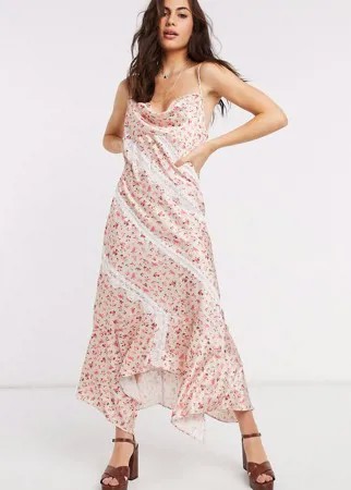 Платье-комбинация макси с цветочным принтом и кружевом Ghospell-Розовый цвет