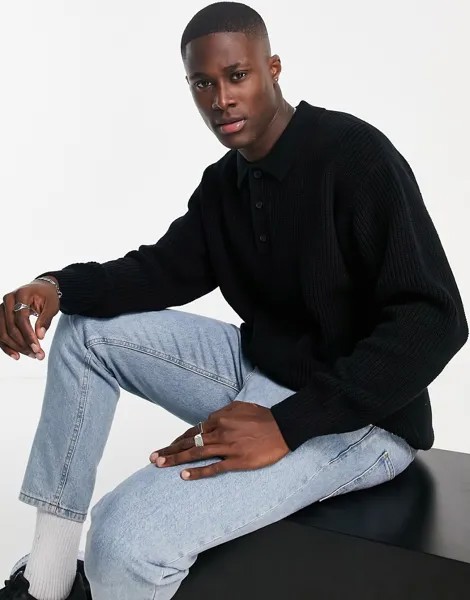 Черный трикотажный лонгслив-поло в стиле oversized Topman-Черный цвет