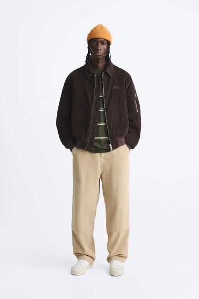 Вельветовый пиджак с вышивкой ZARA, темно-коричневый