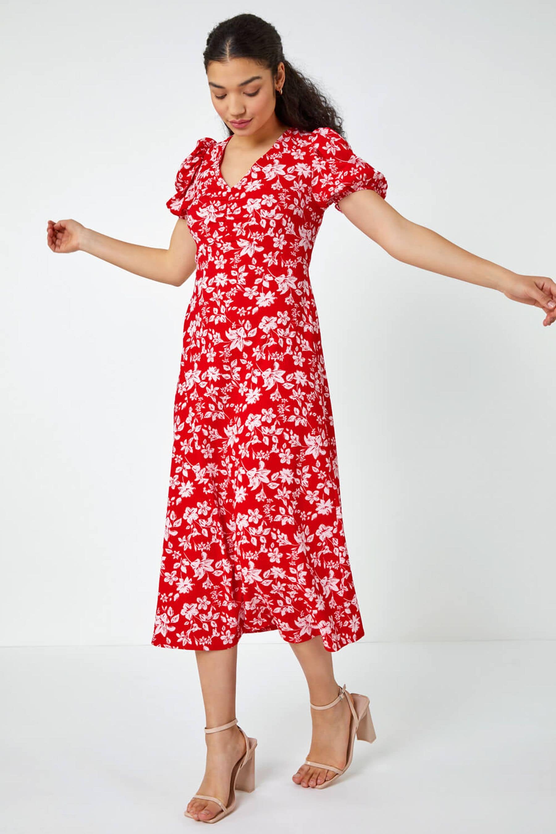 Платье миди с цветочным принтом и кружевной спинкой Dusk, красный