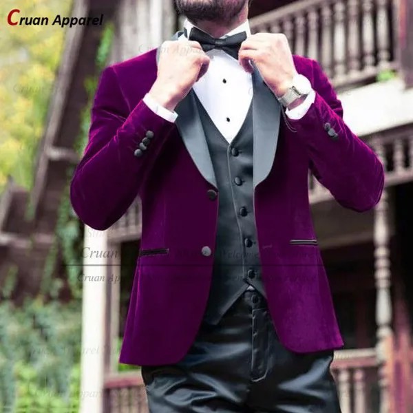 Новинка 2022, фиолетовый бархатный мужской свадебный костюм, Официальный Элегантный бордовый смокинг для шафера, жениха, роскошный джентльменский Блейзер и брюки, 3 шт.