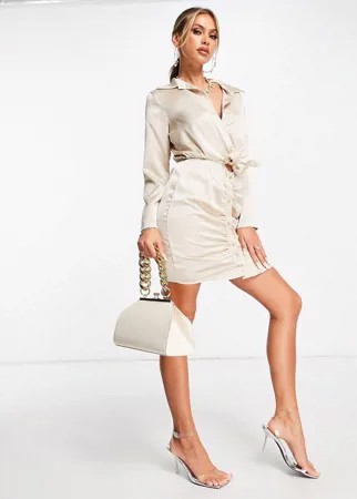 Атласное платье-рубашка с завязкой спереди и сборками цвета экрю Femme Luxe-Белый