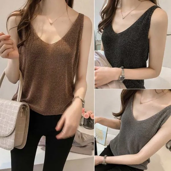 Летние дамы Sleeveless Вест Сексуальная V-образный вырез футболка Яркий Шелковый Дно Рубашка Тонкий рукавов Top