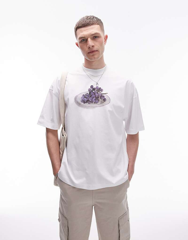 Белая футболка оверсайз Topman с виноградным принтом