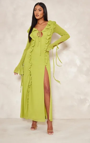 PrettyLittleThing Платье макси Tall салатового цвета с длинными рукавами и оборками
