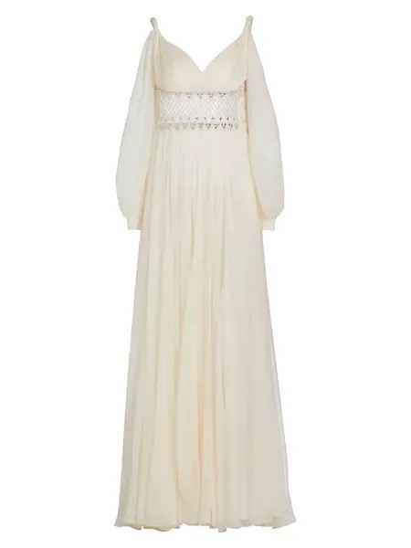 Расшитое бисером шелковое шифоновое платье с открытыми плечами Zuhair Murad, цвет jet stream