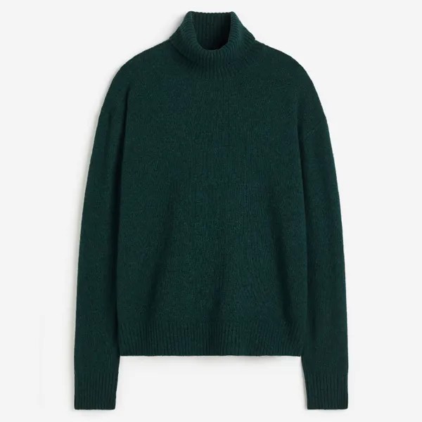 Свитер H&M Loose Fit Woolen Turtleneck, темно-зеленый