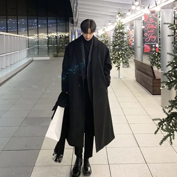 Зимнее высококачественное плотное шерстяное пальто LINHUA, Мужская Уличная одежда, свободный однотонный теплый плащ, классическая черная вет...