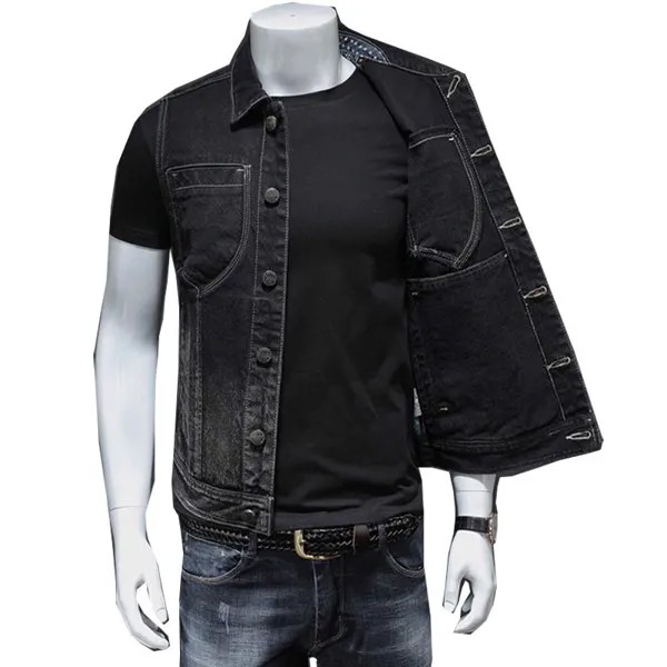 Мужская приталенная джинсовая жилетка в стиле ретро, черная куртка без рукавов с лацканами, весна 2022