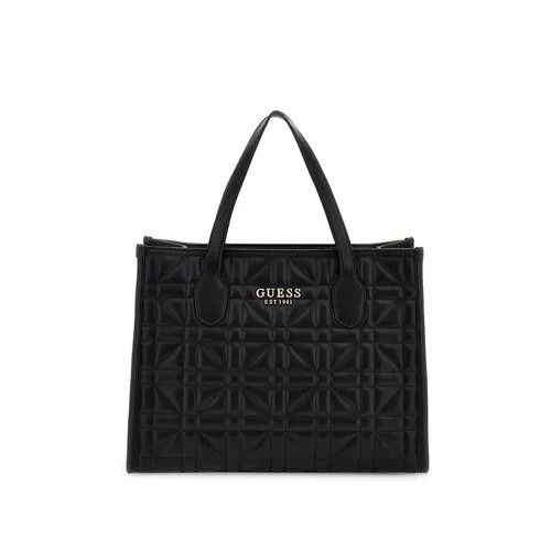 Сумка тоут GUESS, фактура зернистая, стеганая, черный